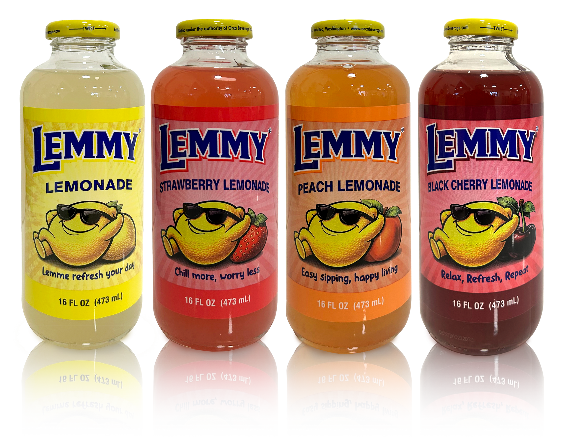 Several bottles of lemmy lemonade are lined up in a row