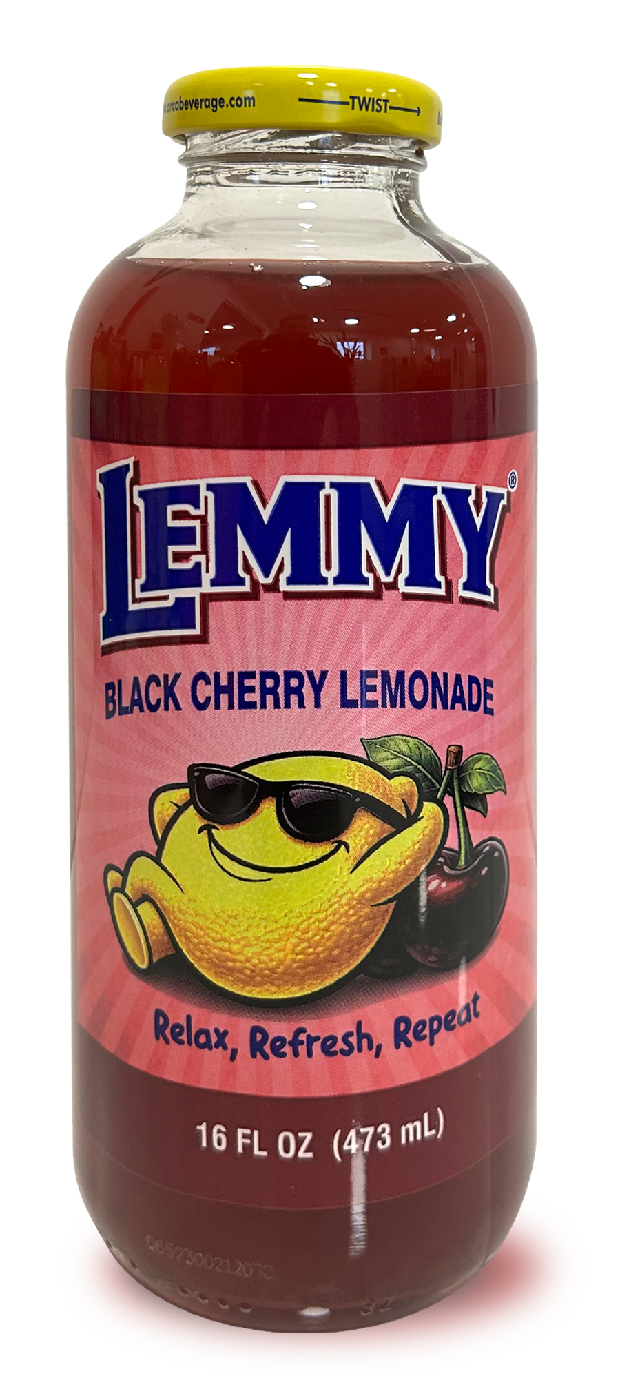 Bottle of Lemmy Black Cherry Lemonade, red drink with yellow cap and illustrated lemon label