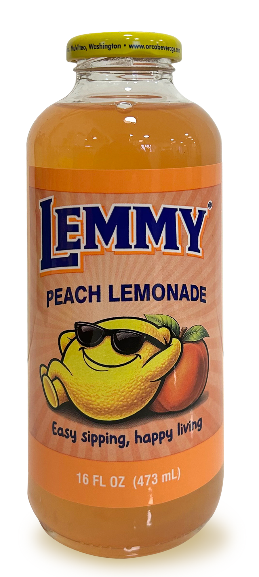 Lemmy Peach Lemonade bottle with an illustrated peach and lime label on a white background