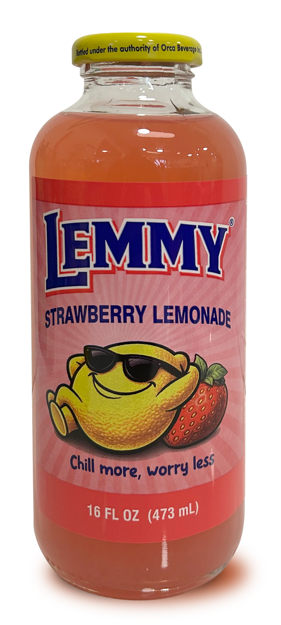 Bottle of Lemmy strawberry lemonade with a yellow lemon label and pink drink inside