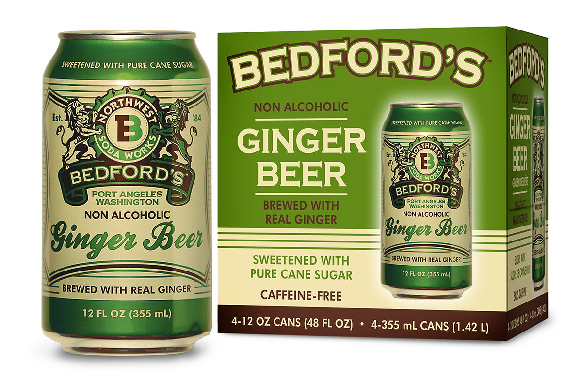 Bedford's ginger beer can and carton, green and beige, vintage style.