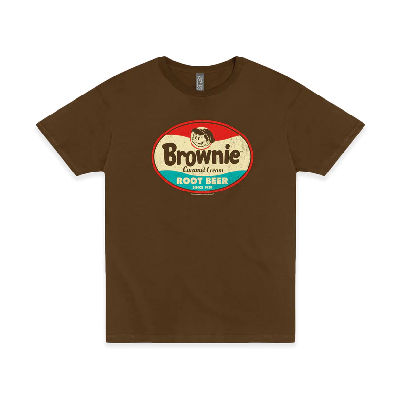 Brown T-shirt with a vintage Brownie Root Beer logo centered on the chest