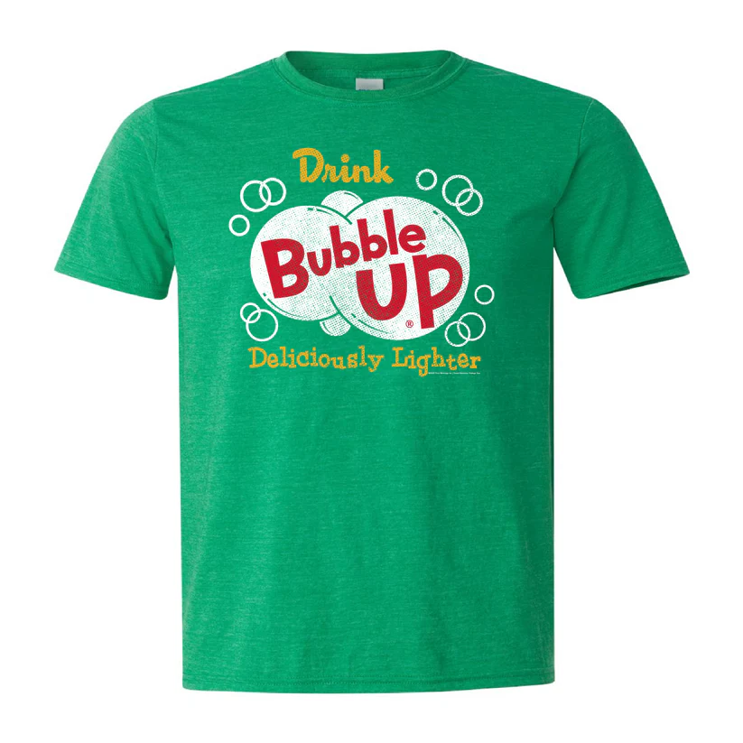 Green T-shirt with “Drink Bubble Up” and “Deliciously Light” printed in white, red, and yellow