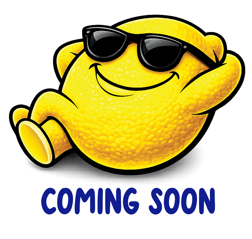 Yellow lemon wearing black sunglasses with “Coming Soon” text underneath