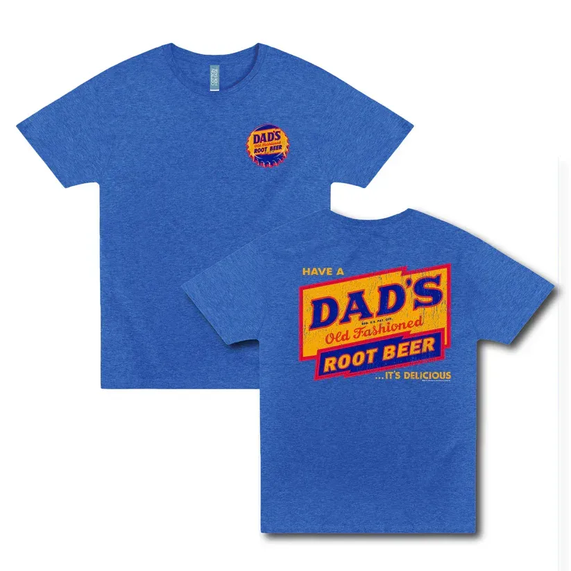 Blue T-shirt with a large “Dad’s Root Beer” retro graphic on the back and a small logo on the front.