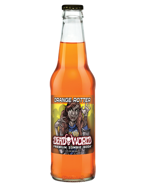 A bottle of orange rotter soda with a zombie on the label.