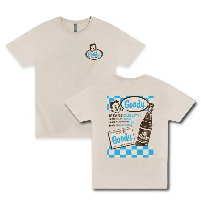 Beige T-shirt with a small chest logo and a large blue-and-brown graphic on the back.