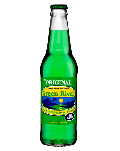A bottle of green river original soda on a white background.