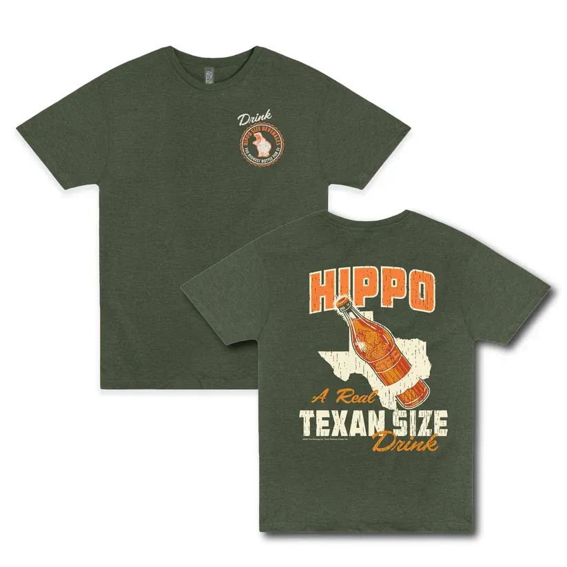 Dark green Texas State Dino T-shirt with hippo graphic and orange lettering; front and back views