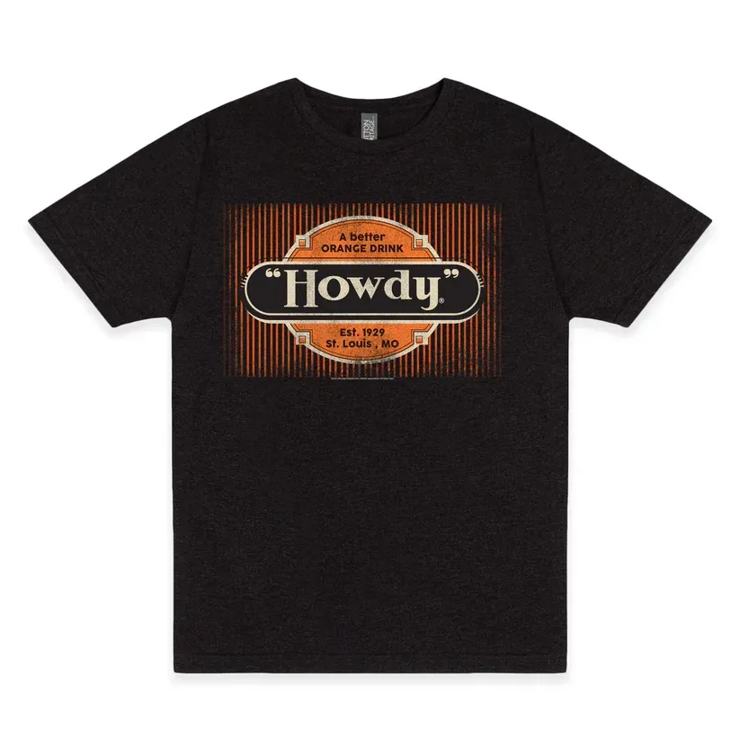 Black T-shirt with orange retro-style “Howdy” graphic on the chest