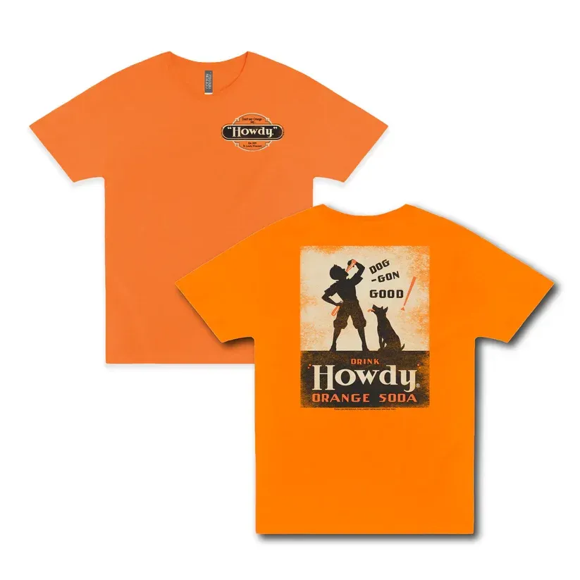 Orange T-shirts showing front and back: front has a small logo, back has a vintage Howdy orange soda graphic.