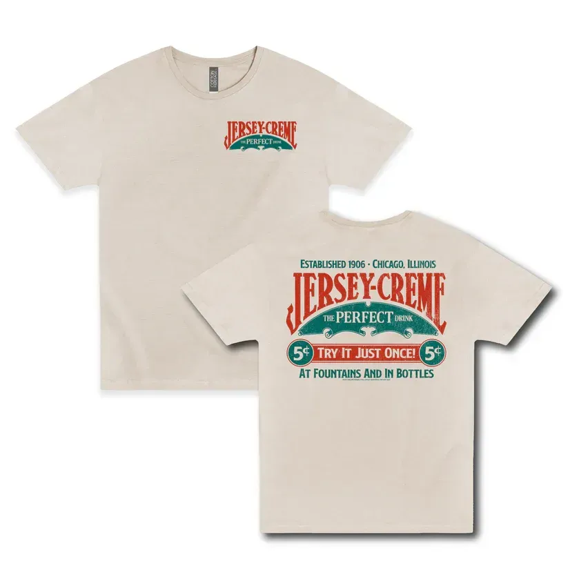 Beige Jersey Creme T-shirts with red and teal retro logo print, front and back views