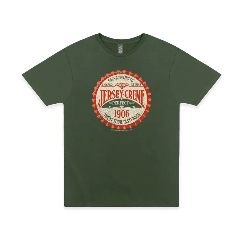 Dark green T-shirt with a red and white Jersey Cream 1906 circular graphic on the chest
