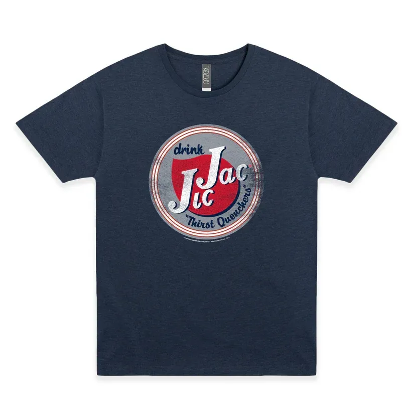 Navy blue T-shirt with a circular red and white “drink JAC” logo on the chest
