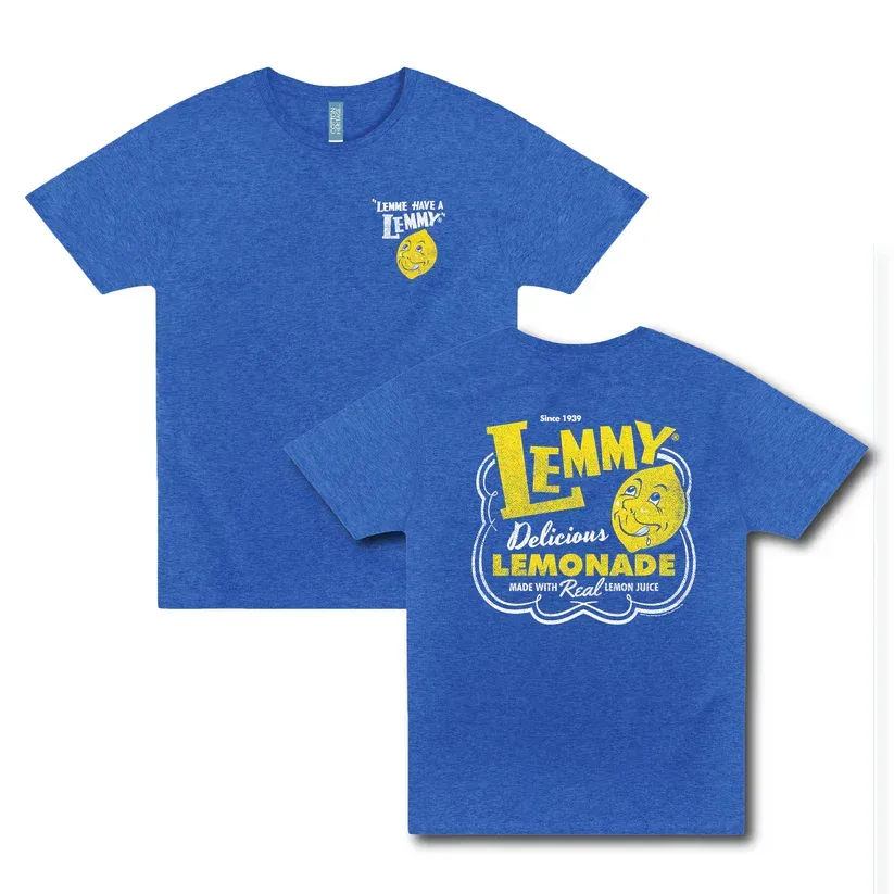Blue T-shirts with yellow “Lemmy’s Deli Lemonade” graphic on front and back sold together