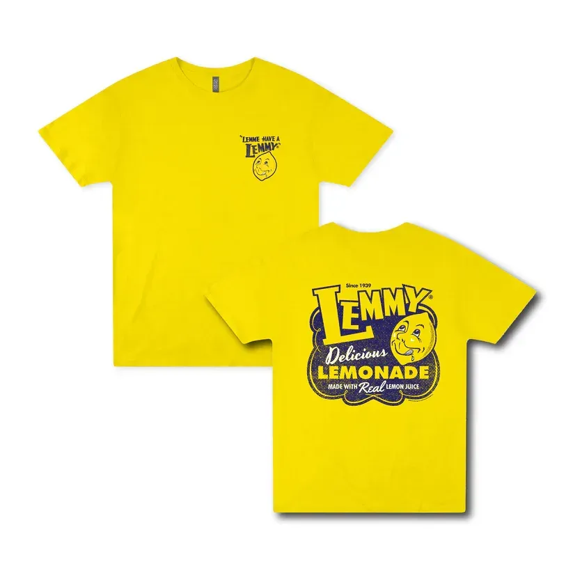 Two bright yellow graphic T-shirts with “Lemmy Little Lemonade” print showcased front and back