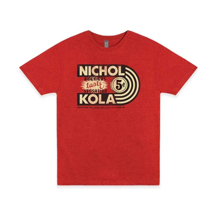 Red T-shirt with a vintage-style Nichol Kola logo graphic on the chest