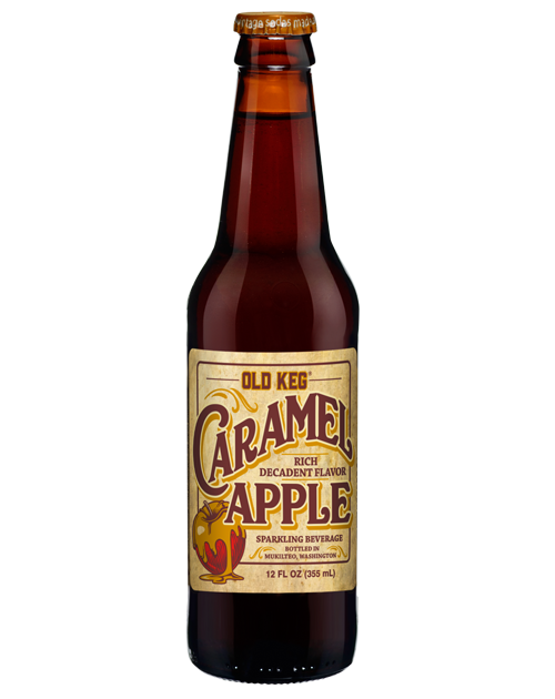 Bottle of Old Keg Caramel Apple beer with a cream label on a white background