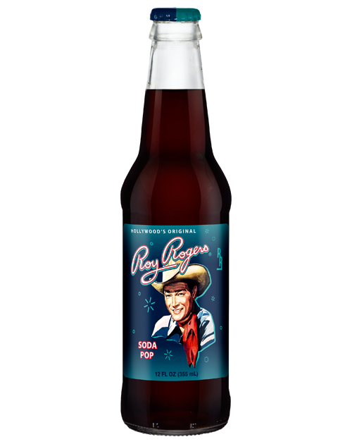 Bottle of Roy Rogers soda pop featuring the cowboy's portrait on a blue label.