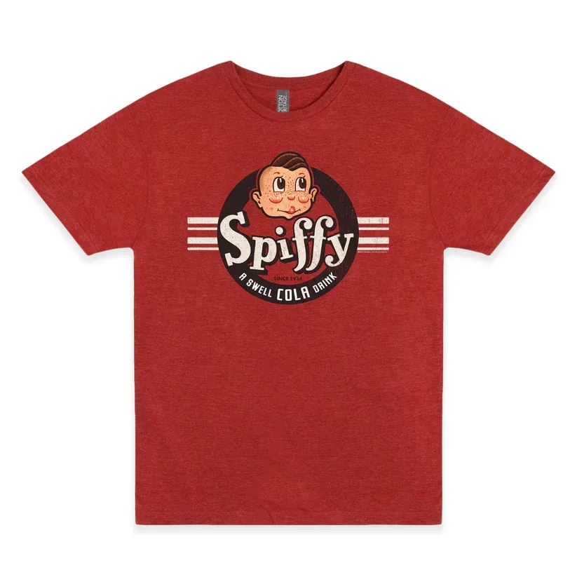 Red T-shirt with a Spiffy cartoon logo and white stripes on the chest