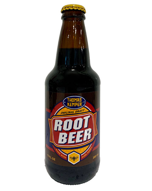 A bottle of root beer is on a white background
