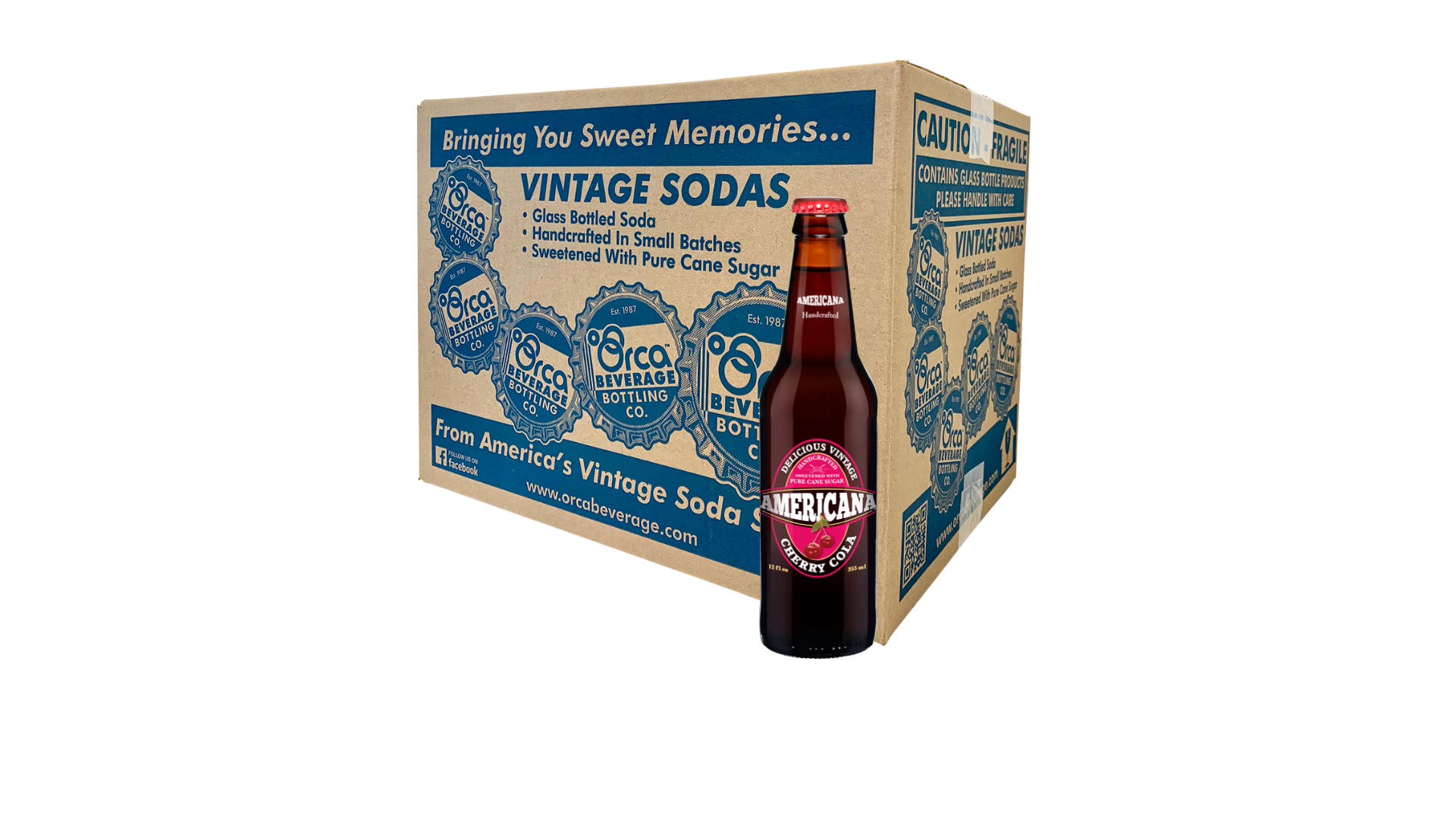A box of vintage sodas with a bottle of soda in front of it.