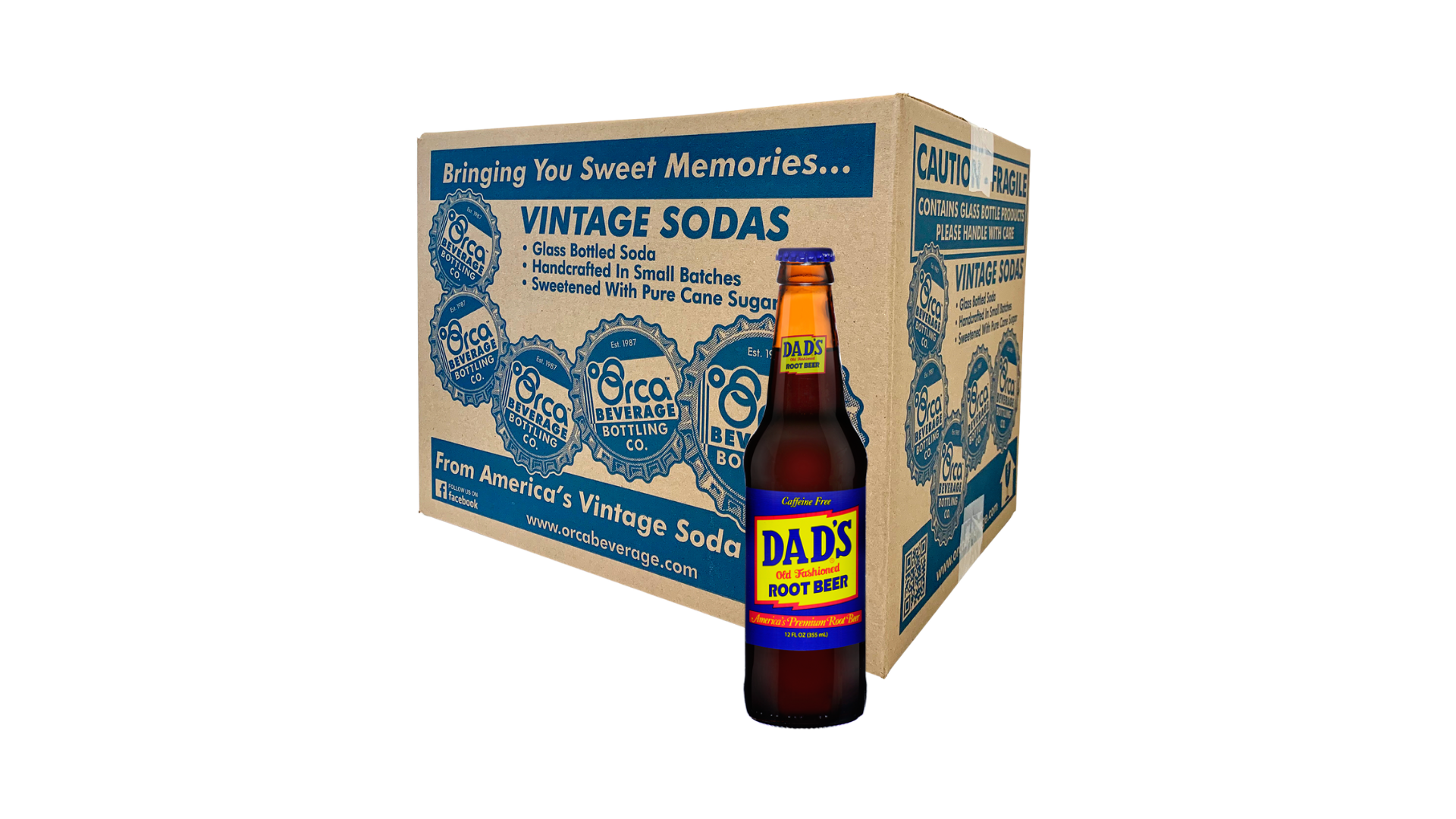 A box of vintage sodas with a bottle of soda in front of it.