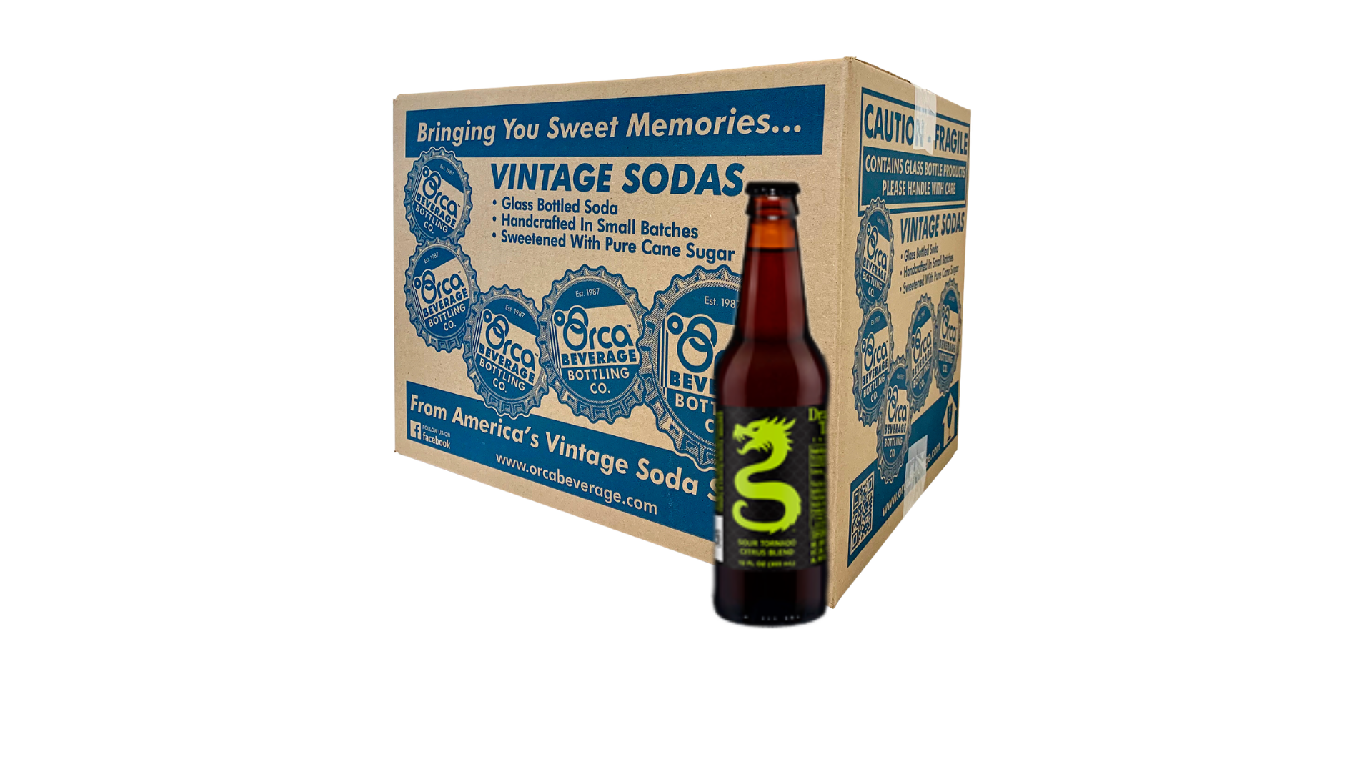 A box of vintage sodas with a bottle of soda in front of it.