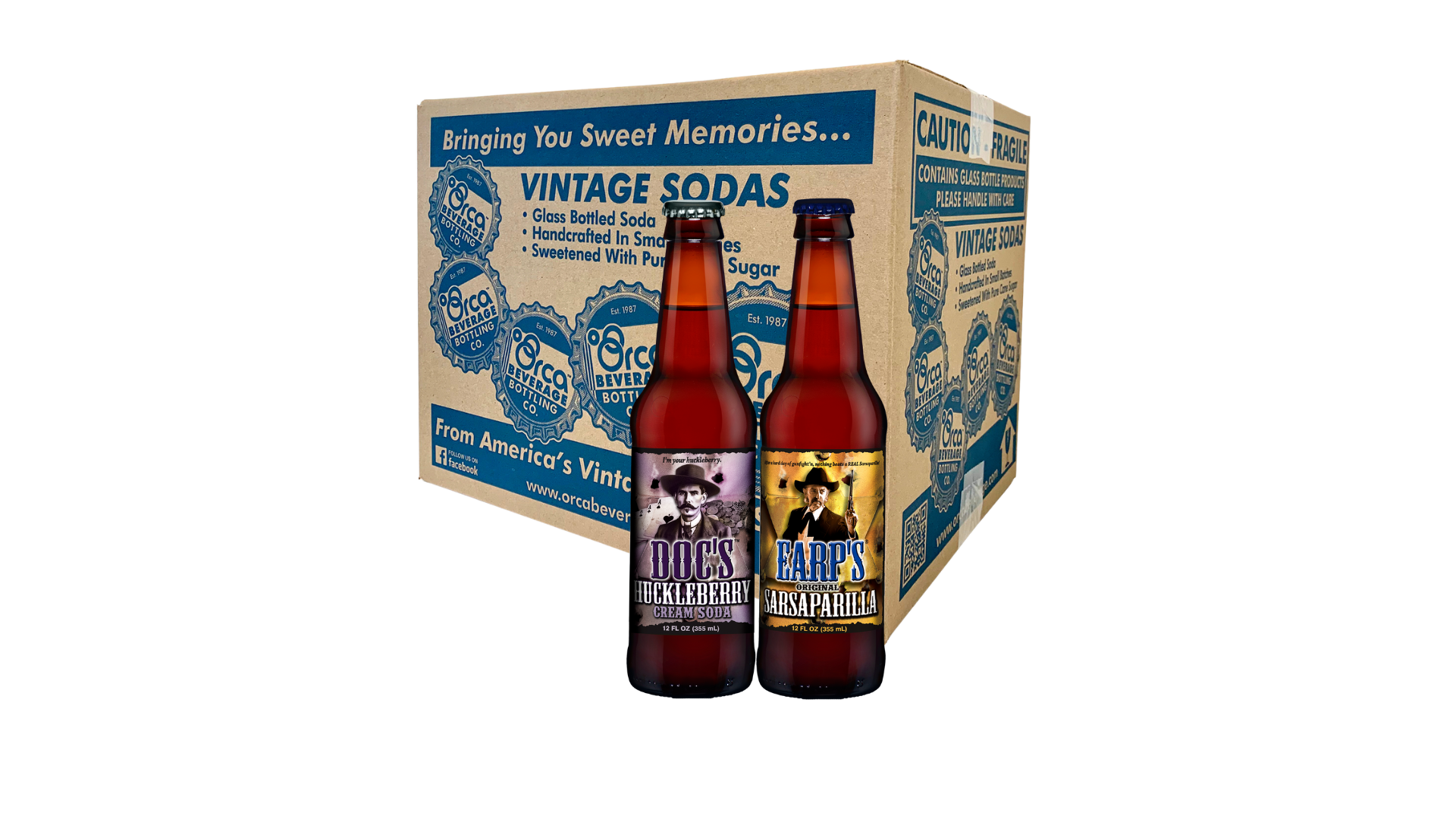 A box of vintage sodas with two bottles of soda in it