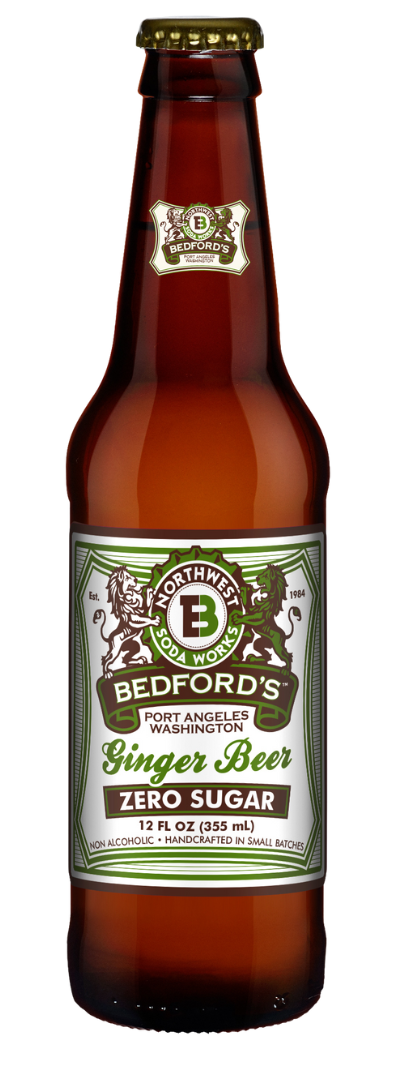 Brown glass bottle of Bedford’s Strawberry Blonde beer with a white and green label