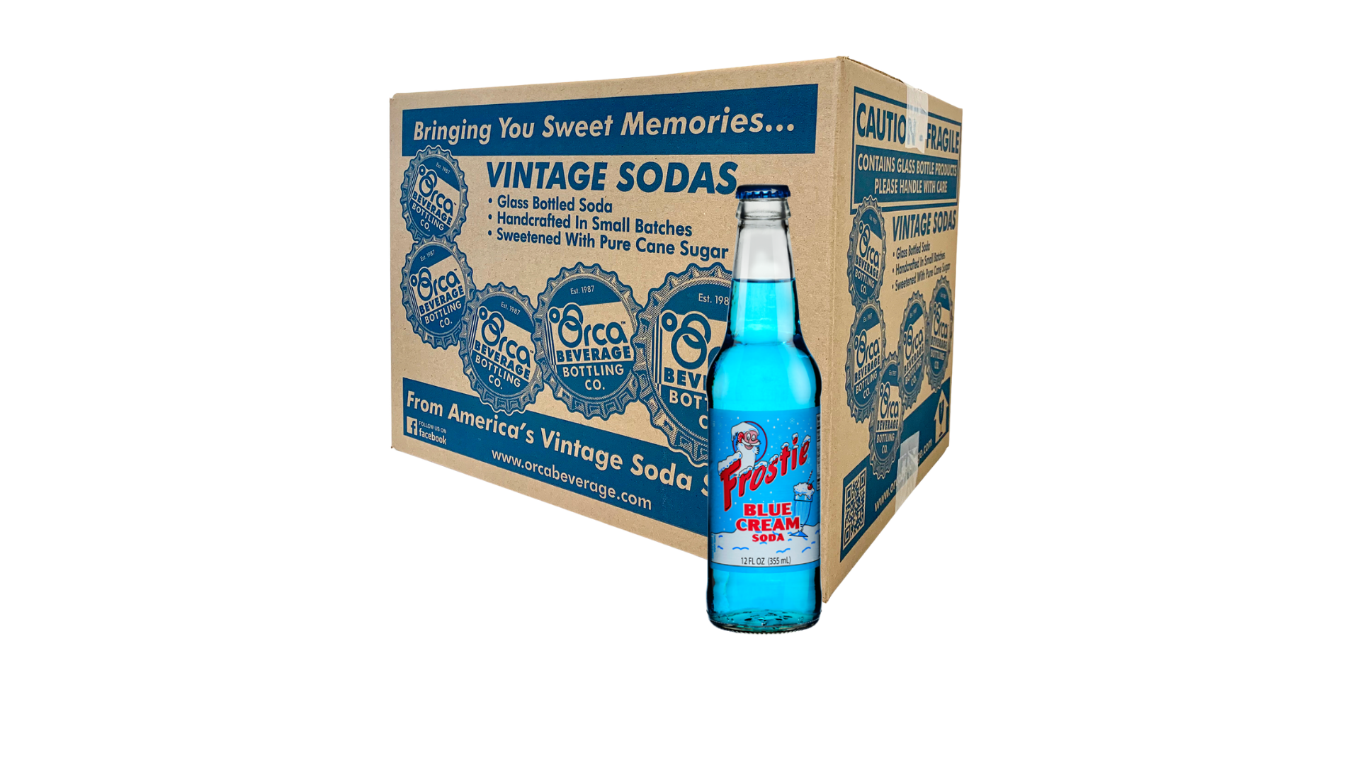 A box of vintage sodas with a blue bottle in front of it