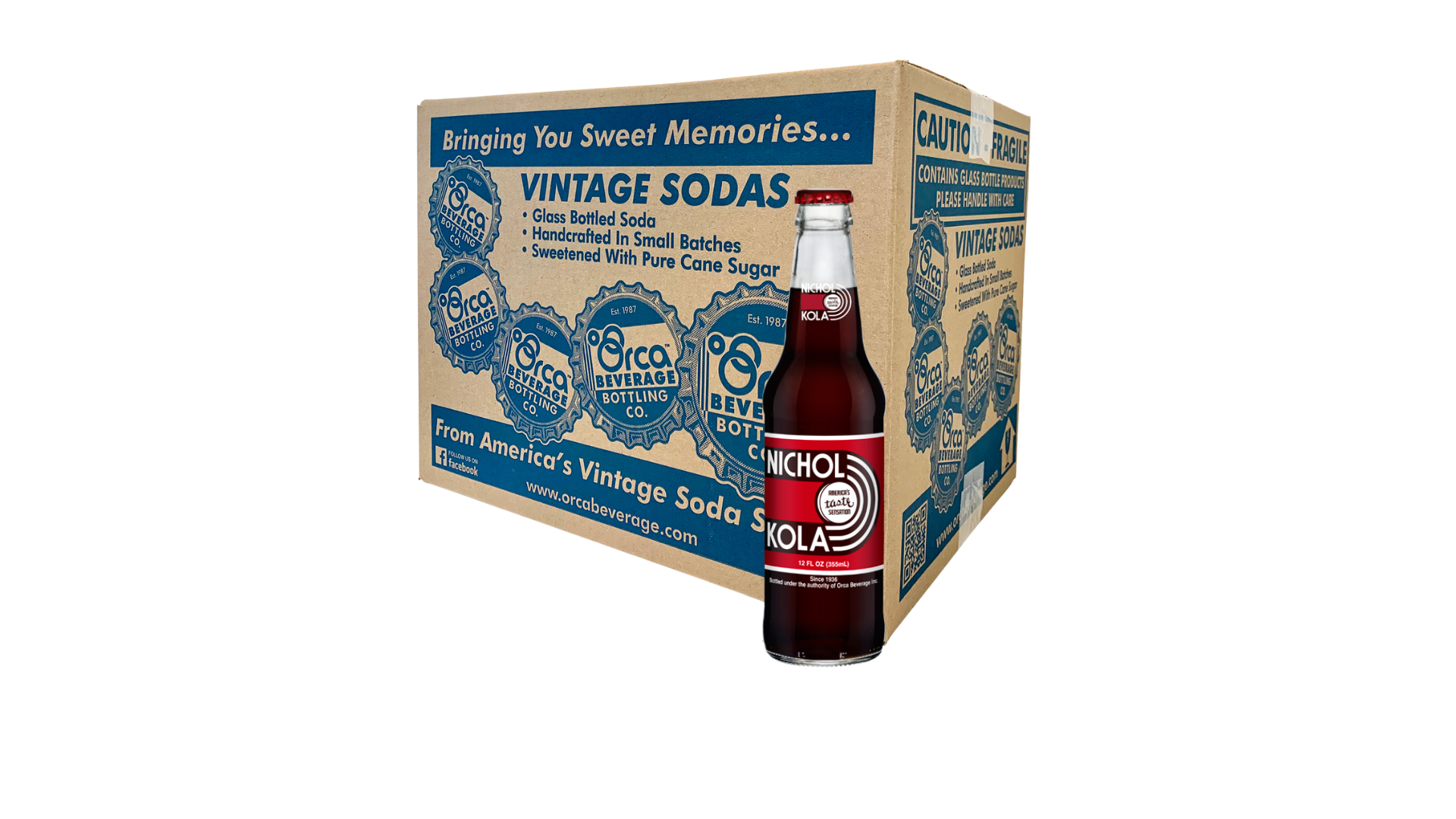 A box of vintage sodas with a bottle of soda in front of it.