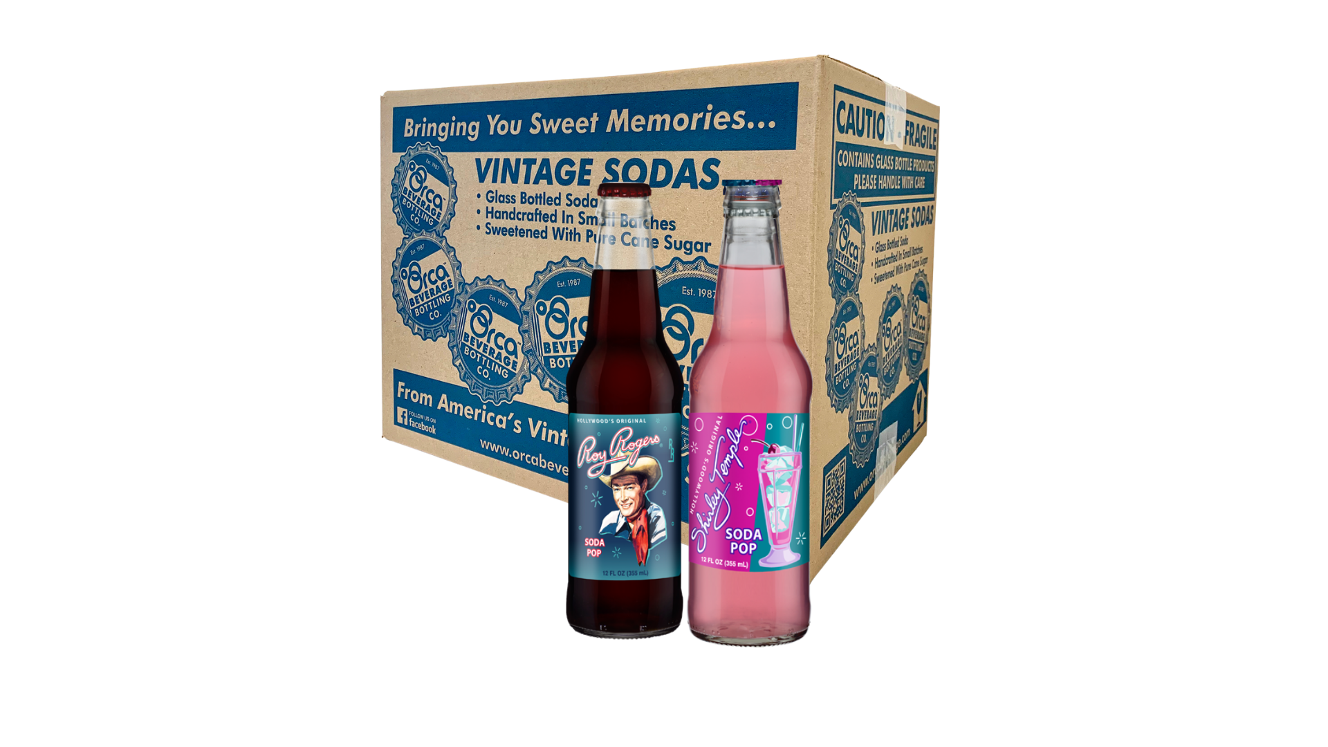 Two vintage soda bottles in front of a box labeled "Vintage Sodas", one brown, one pink.