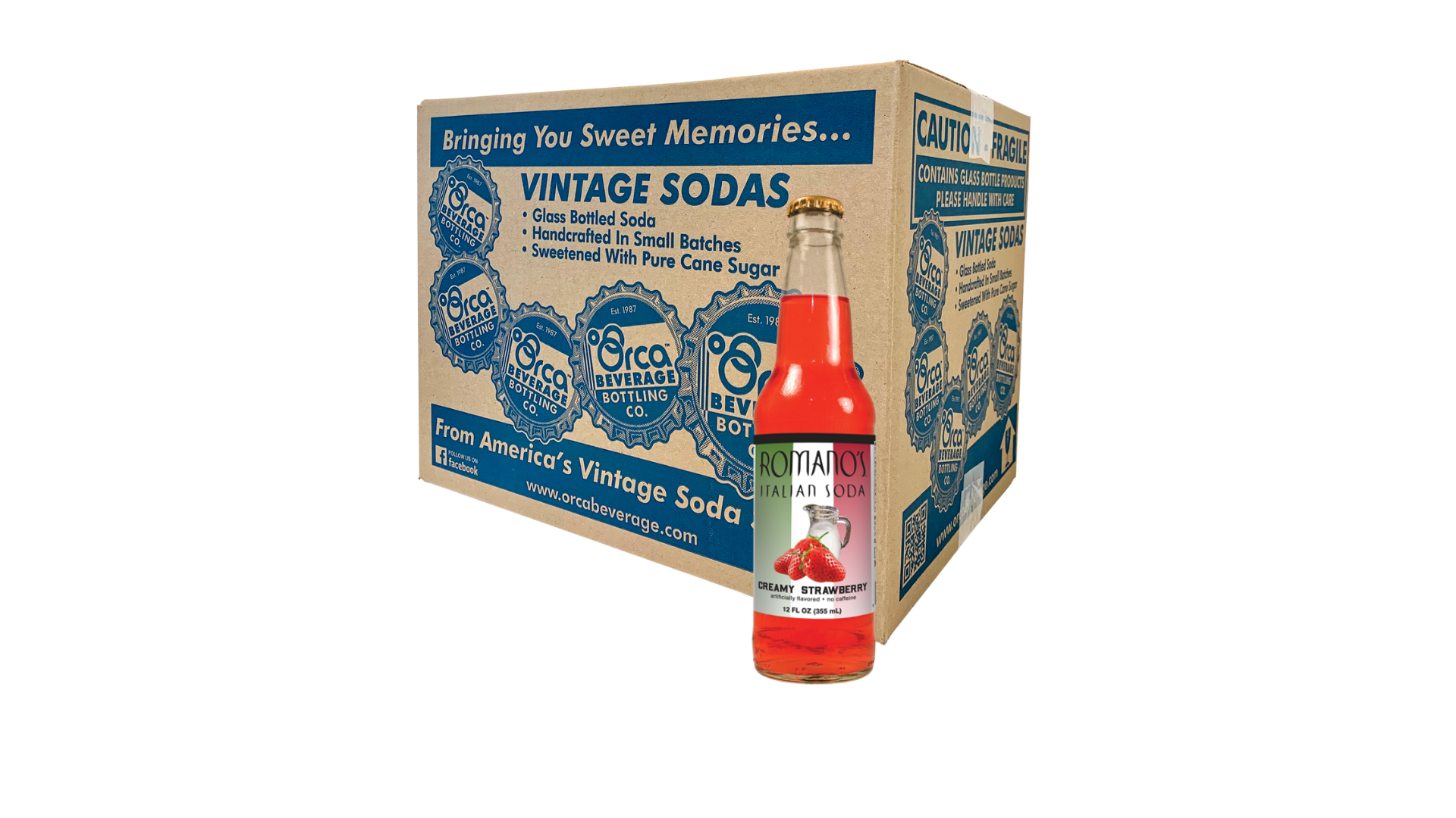 A box of vintage sodas with a bottle of soda in front of it