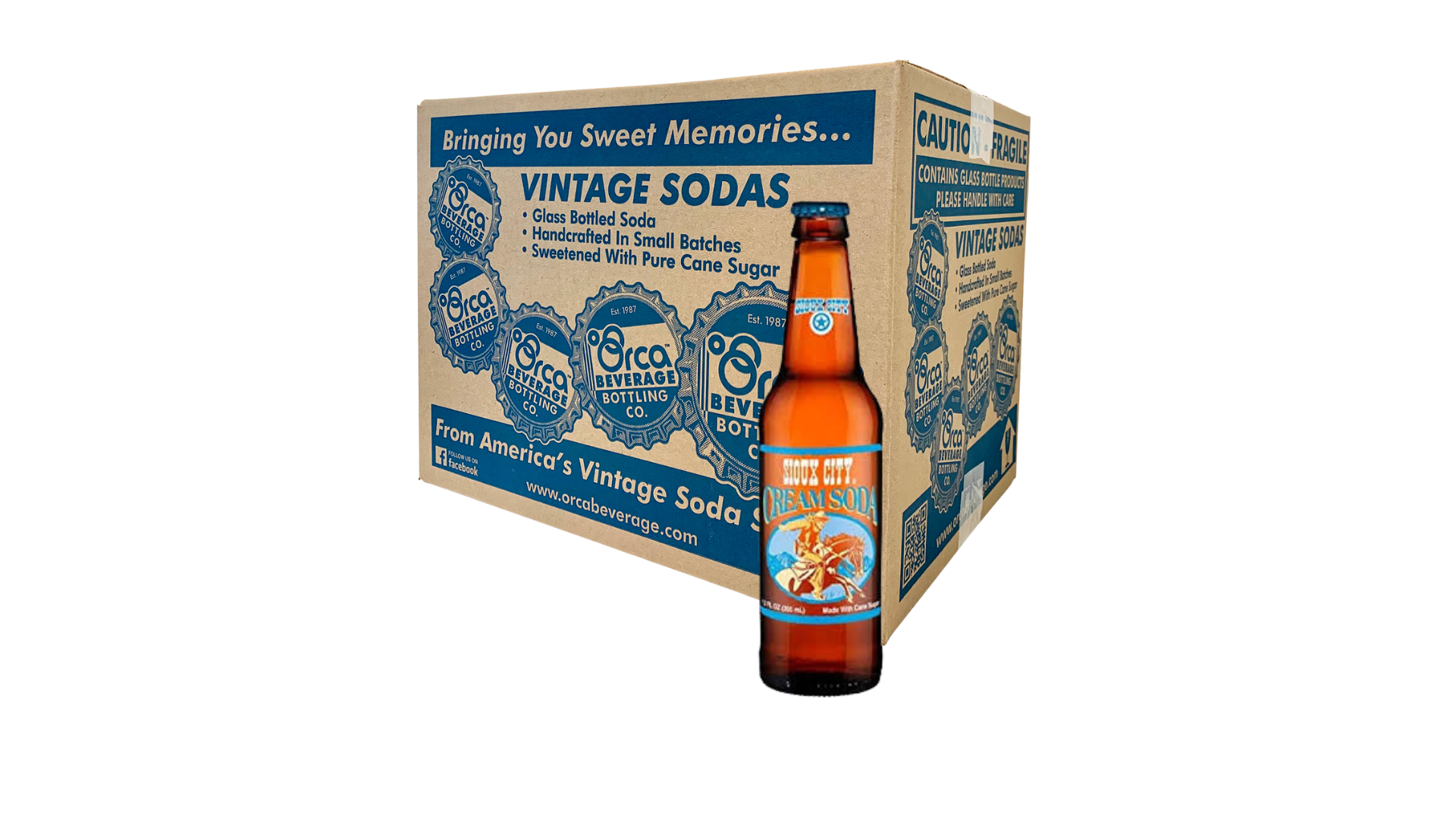 A box of vintage sodas with a bottle of soda in front of it.