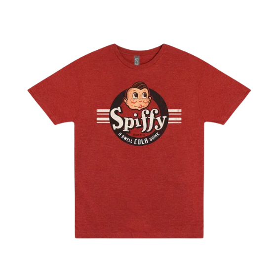 Red Spiffy graphic T-shirt with cartoon character logo on the chest