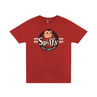 Red Spiffy graphic T-shirt with cartoon character logo on the chest