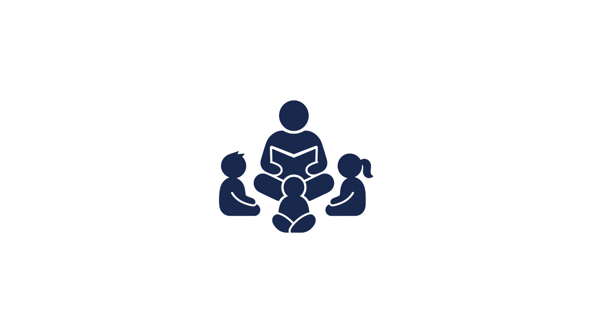 Dark blue icon of a group reading together in a circle