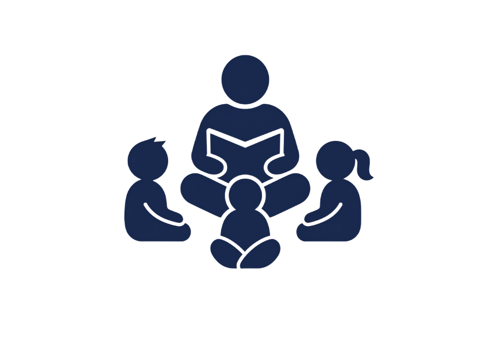 Teacher reading to three children icon in dark blue