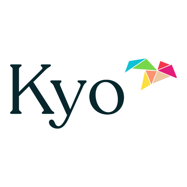 Kyo logo with dark teal text and a colorful geometric bird icon
