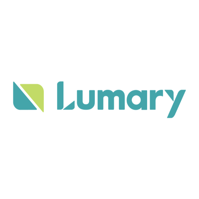 Lumary logo with teal and green geometric icon and wordmark on white background