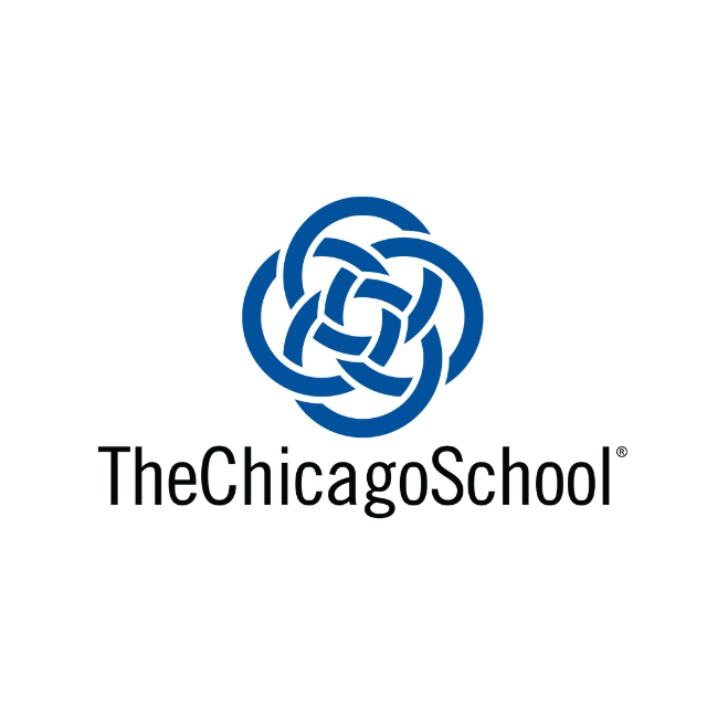The Chicago School logo with blue interwoven emblem and black text on white background