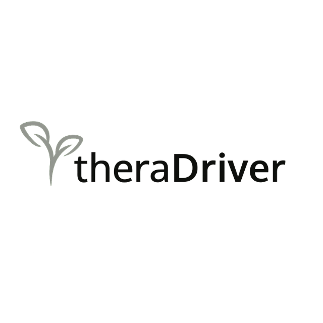 TheraDriver logo with a gray leaf icon and black text on a white background
