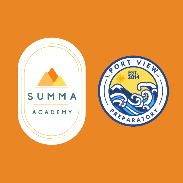 Summa Academy and Port View Preparatory logos on an orange background