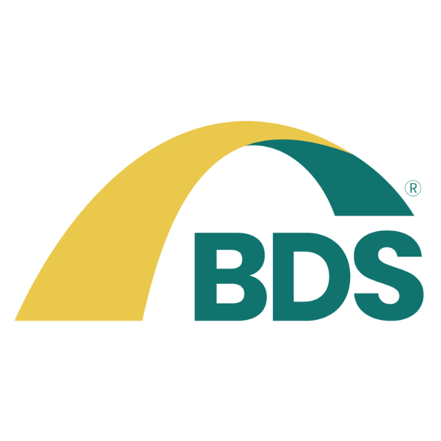 BDS logo with teal letters and a yellow arch on a white background