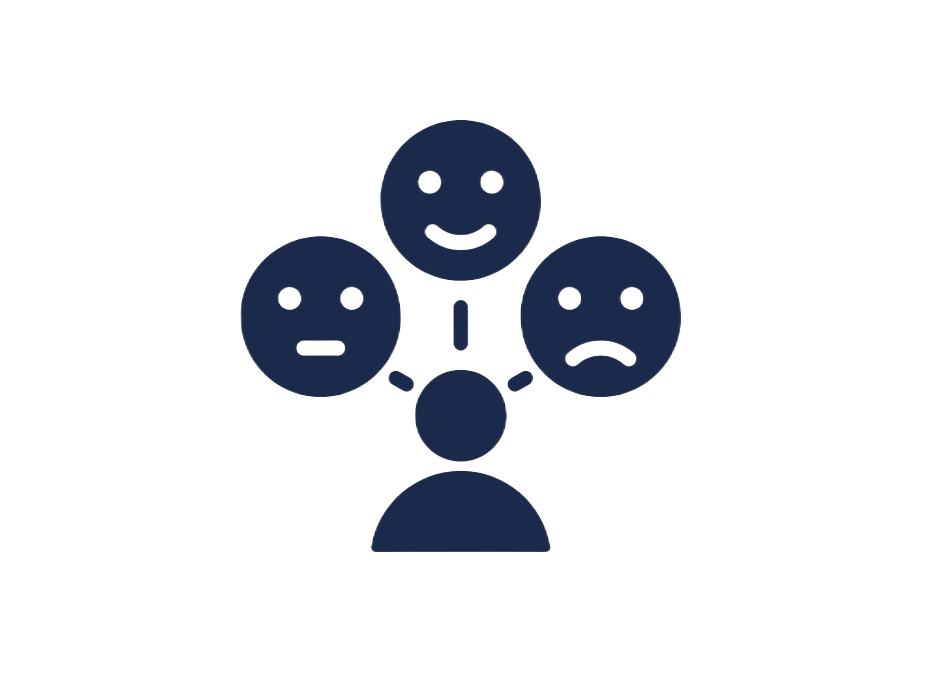 Three emotion icons around a central figure: happy, neutral, and sad faces in dark blue