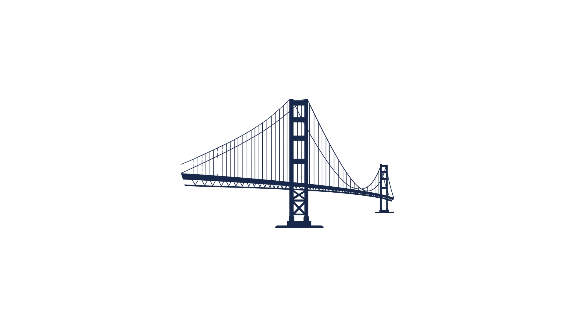 Illustration of a suspension bridge in dark blue on a white background