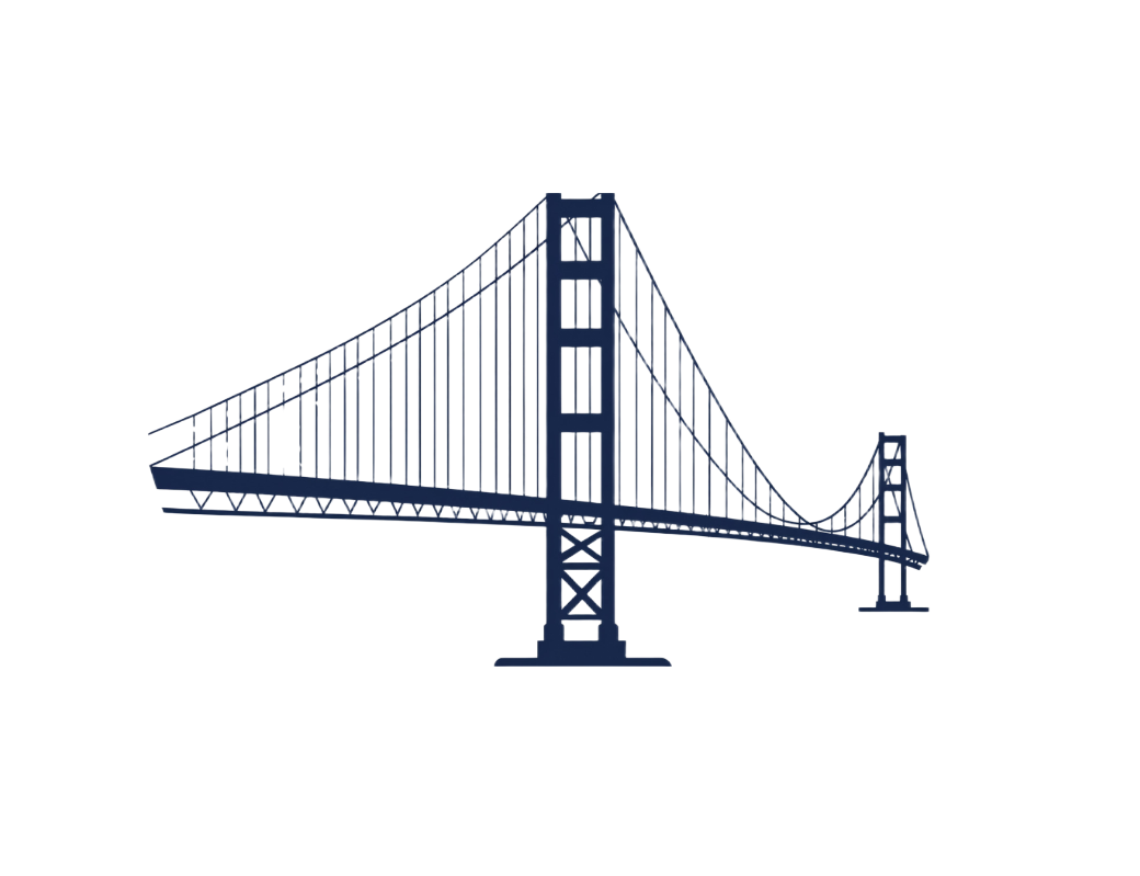 Stylized navy blue suspension bridge on a white background