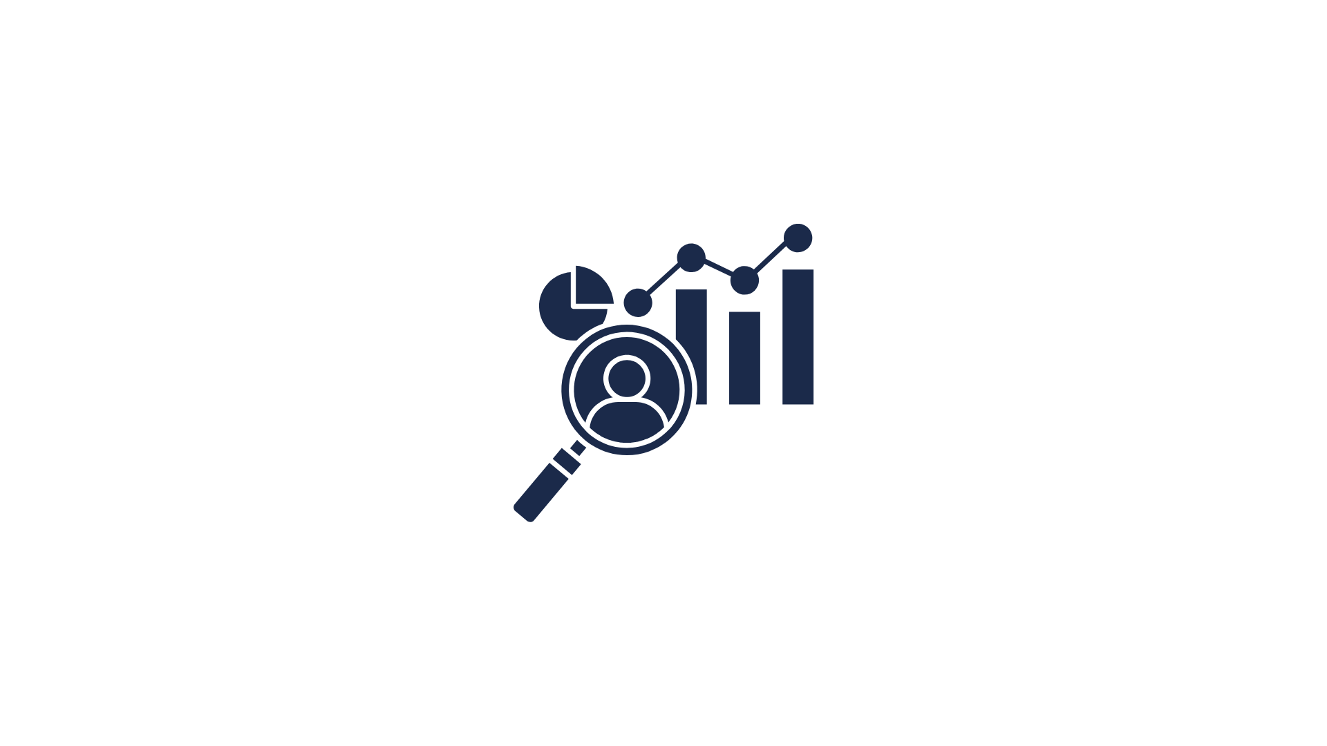 Dark blue analytics icons with a magnifying glass and user profile symbol on a white background