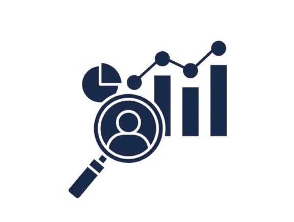 Dark blue analytics icons with pie chart, magnifying glass over user, and rising bar and line graph